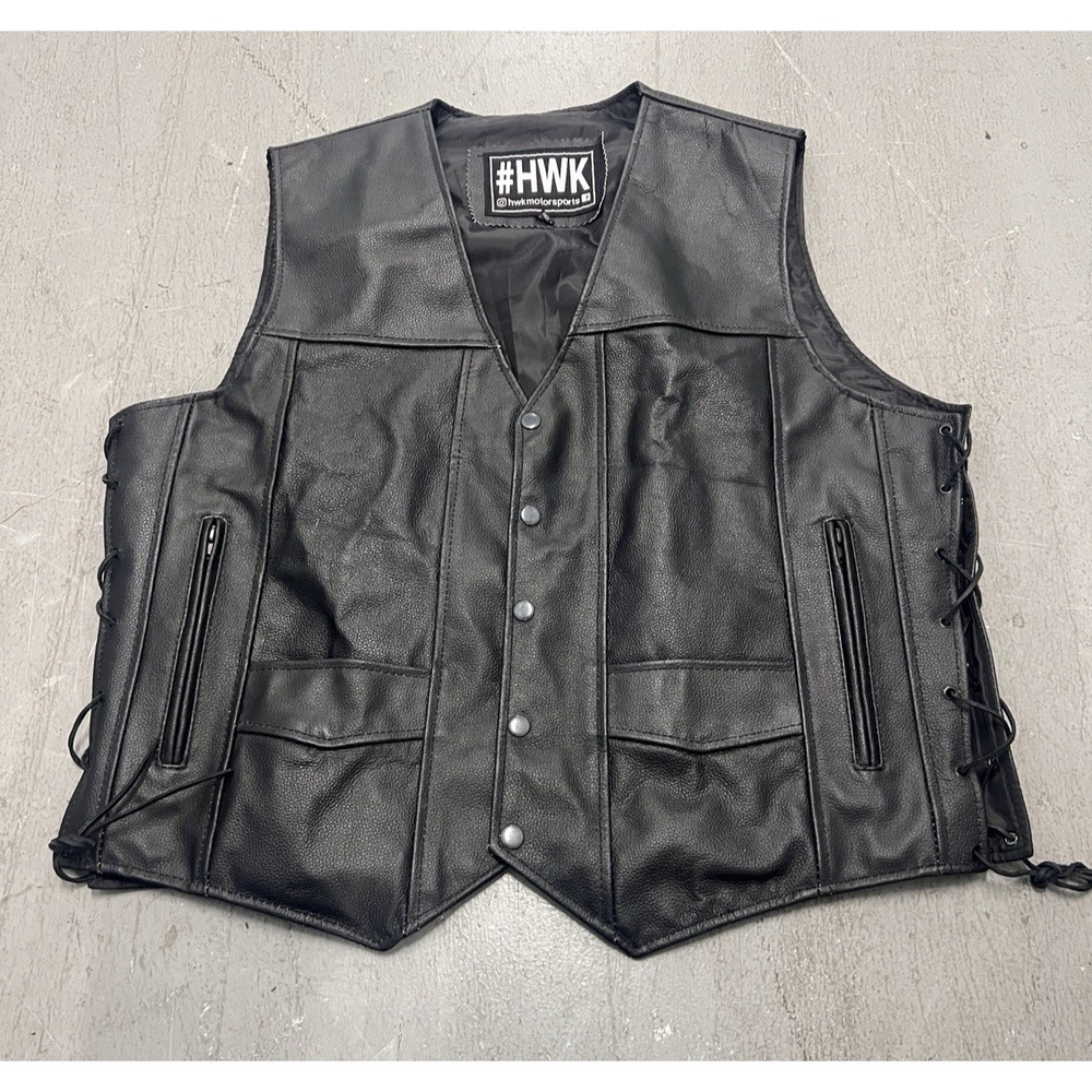 HWK Motorsports Black Leather Motorcycle Vest Mens‎ XXL Button Up Riding Gear
